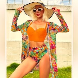 3pc swimsuit longline corset like top w/high hip rise thigh high bottoms&cover